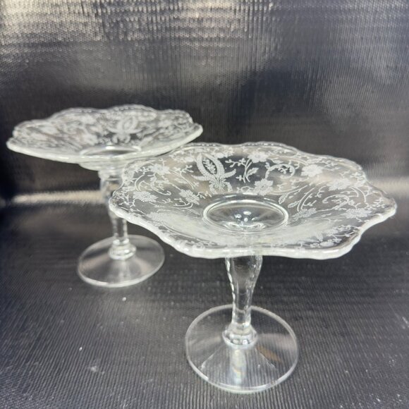 New Martinsville Viking Clear Footed Compote Etched Votives Manganese 365nm Set2 - Picture 3 of 15